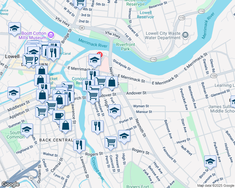 map of restaurants, bars, coffee shops, grocery stores, and more near 4 Harrison Street in Lowell