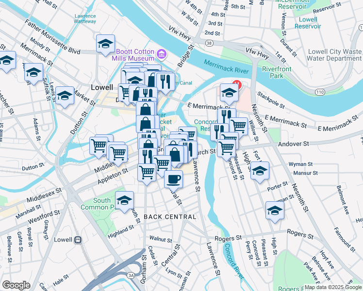 map of restaurants, bars, coffee shops, grocery stores, and more near 10 George Street in Lowell