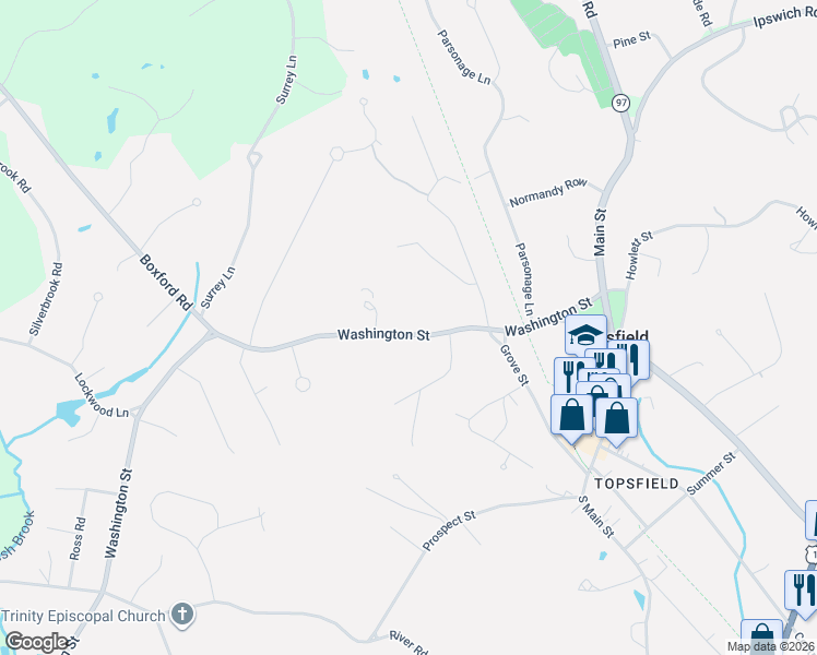 map of restaurants, bars, coffee shops, grocery stores, and more near 61 Washington Street in Topsfield
