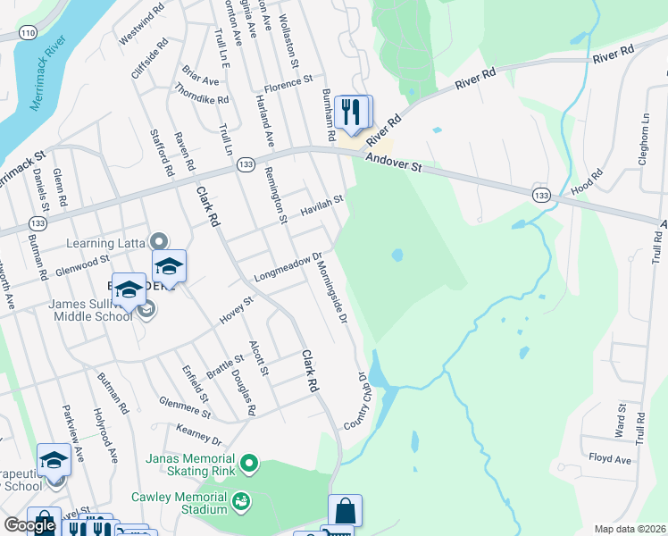 map of restaurants, bars, coffee shops, grocery stores, and more near 22 Morningside Drive in Lowell