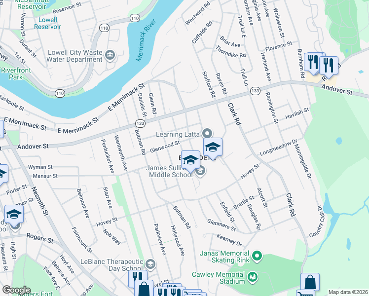 map of restaurants, bars, coffee shops, grocery stores, and more near 77 Draper Street in Lowell