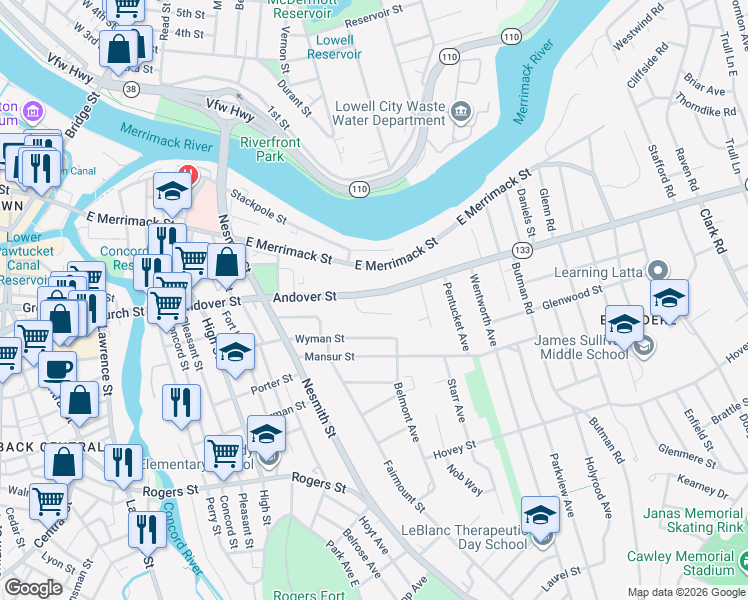 map of restaurants, bars, coffee shops, grocery stores, and more near 10 Mansion Drive in Lowell