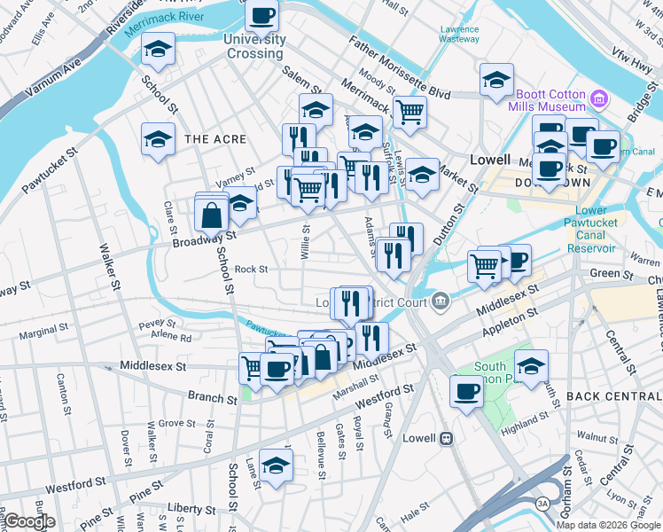 map of restaurants, bars, coffee shops, grocery stores, and more near 53 Rock Street in Lowell