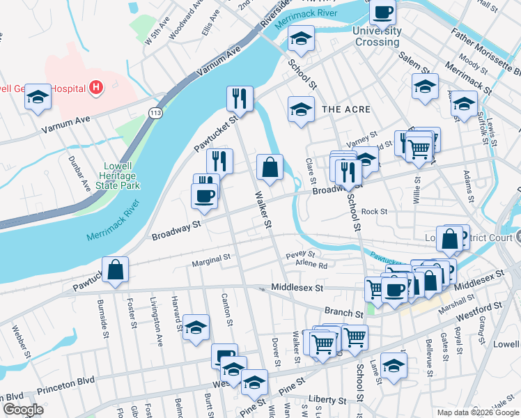map of restaurants, bars, coffee shops, grocery stores, and more near 161 Walker Street in Lowell