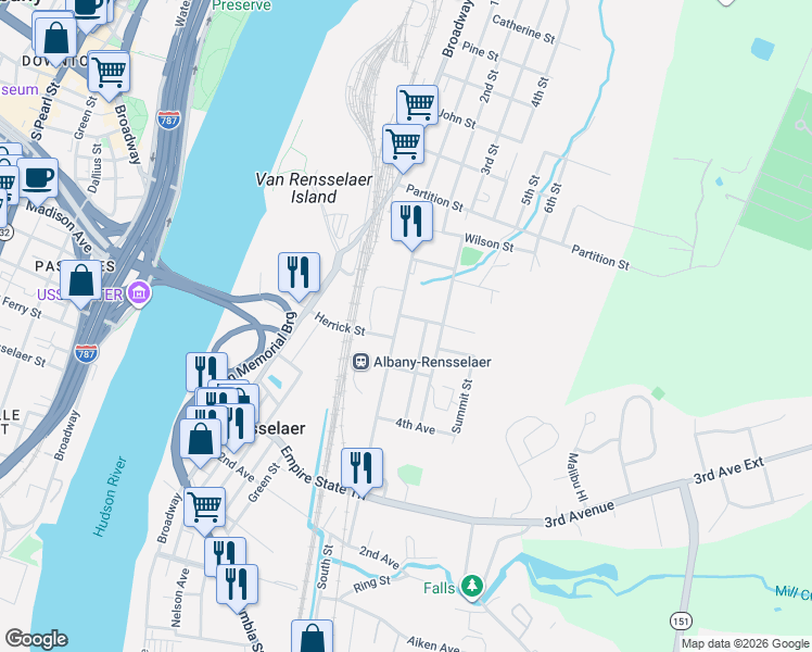 map of restaurants, bars, coffee shops, grocery stores, and more near 544 East Street in Rensselaer