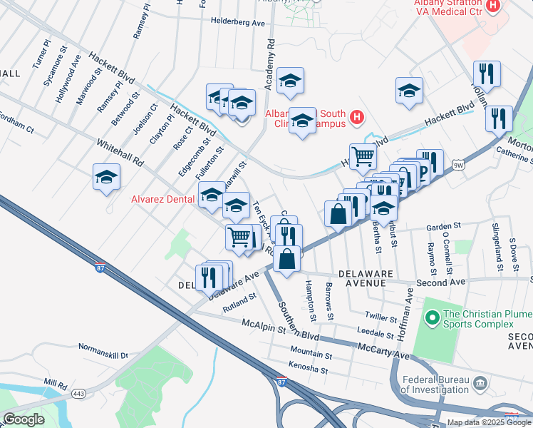 map of restaurants, bars, coffee shops, grocery stores, and more near 28 Cuyler Avenue in Albany