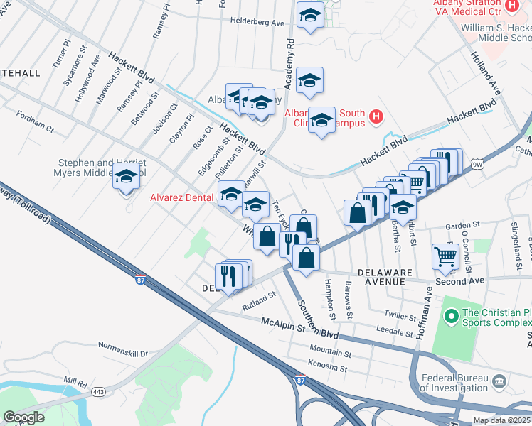 map of restaurants, bars, coffee shops, grocery stores, and more near 36 Ten Eyck Avenue in Albany