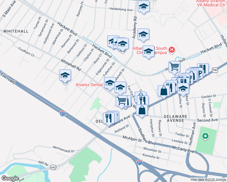 map of restaurants, bars, coffee shops, grocery stores, and more near 9 Matilda Street in Albany