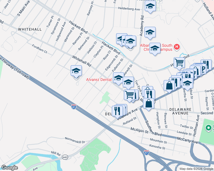map of restaurants, bars, coffee shops, grocery stores, and more near 7 Holmes Court in Albany