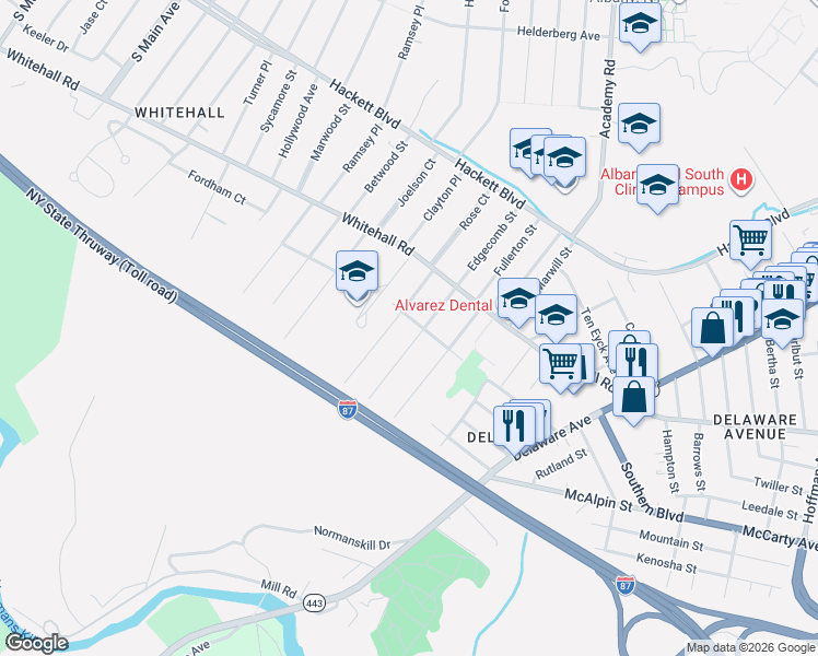 map of restaurants, bars, coffee shops, grocery stores, and more near 40a Dartmouth Street in Albany
