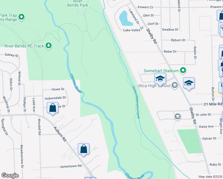 map of restaurants, bars, coffee shops, grocery stores, and more near Riverbends Park South Trail Paved in Shelby Charter Township