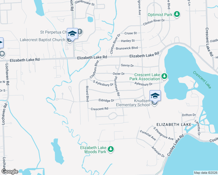 map of restaurants, bars, coffee shops, grocery stores, and more near 5741 South Aylesbury Drive in Waterford Township