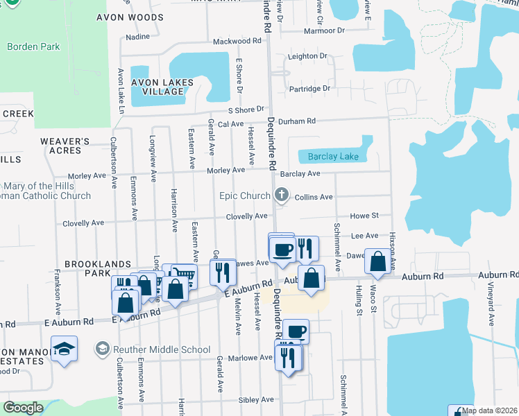 map of restaurants, bars, coffee shops, grocery stores, and more near 47441 Dequindre Road in Rochester Hills