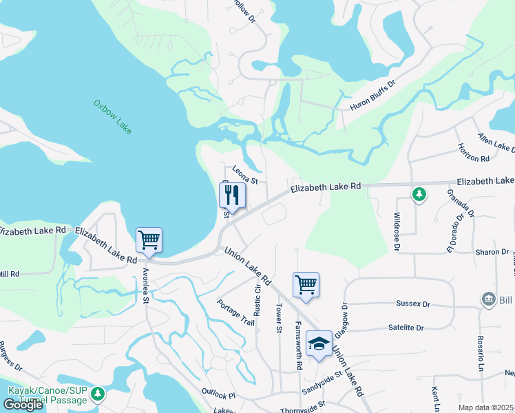 map of restaurants, bars, coffee shops, grocery stores, and more near 9410 Elizabeth Lake Road in White Lake charter Township