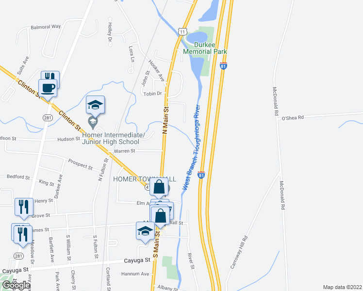 map of restaurants, bars, coffee shops, grocery stores, and more near 67 North Main Street in Homer