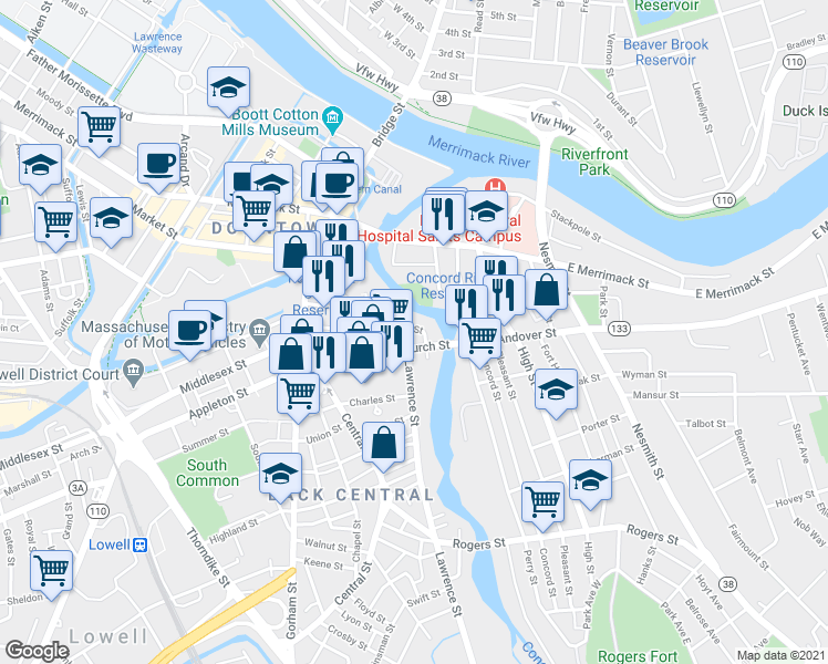 map of restaurants, bars, coffee shops, grocery stores, and more near 123 Warren Street in Lowell
