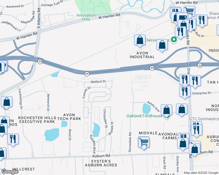 map of restaurants, bars, coffee shops, grocery stores, and more near 260 Toucan Street in Rochester Hills