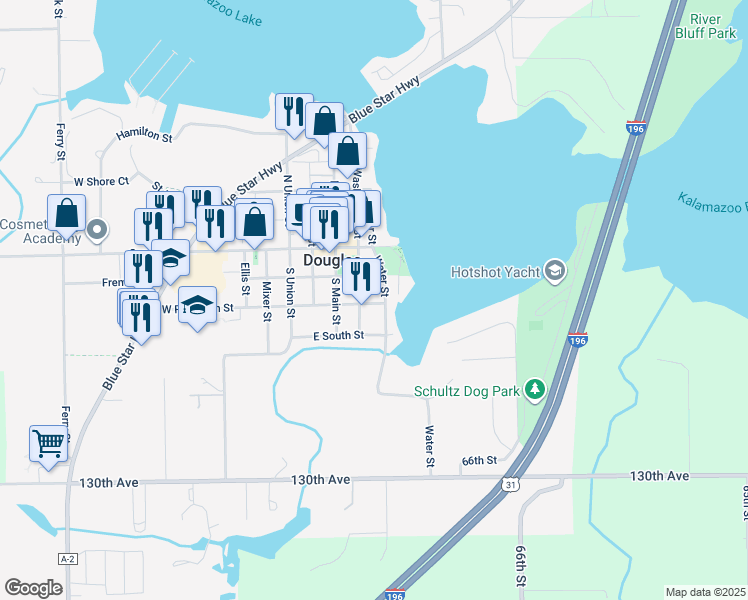 map of restaurants, bars, coffee shops, grocery stores, and more near 88 Water Street in Douglas