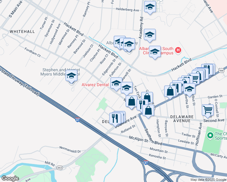 map of restaurants, bars, coffee shops, grocery stores, and more near Whitehall Road & Marwill Street in Albany