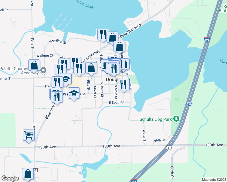 map of restaurants, bars, coffee shops, grocery stores, and more near 36 East Randolph Street in Douglas