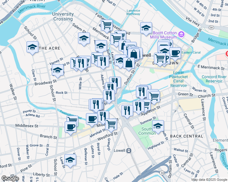 map of restaurants, bars, coffee shops, grocery stores, and more near 485 Worthen Street in Lowell