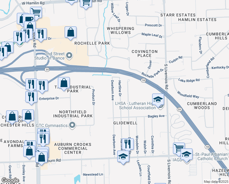 map of restaurants, bars, coffee shops, grocery stores, and more near 2607 Dearborn Avenue in Rochester Hills