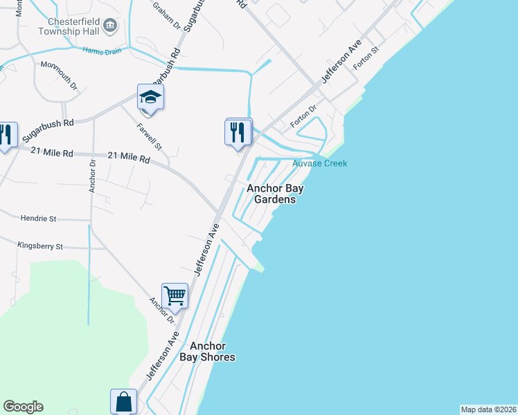 map of restaurants, bars, coffee shops, grocery stores, and more near 46642 Roselane Drive in New Baltimore