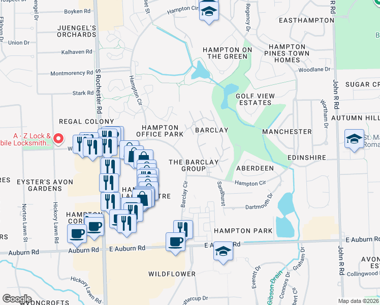 map of restaurants, bars, coffee shops, grocery stores, and more near 455 Barclay Circle in Rochester Hills