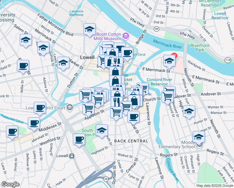 map of restaurants, bars, coffee shops, grocery stores, and more near in Lowell