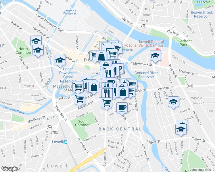 map of restaurants, bars, coffee shops, grocery stores, and more near in Lowell