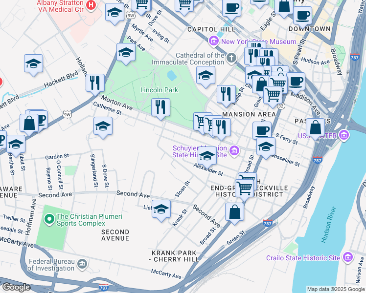 map of restaurants, bars, coffee shops, grocery stores, and more near 93 Delaware Street in Albany