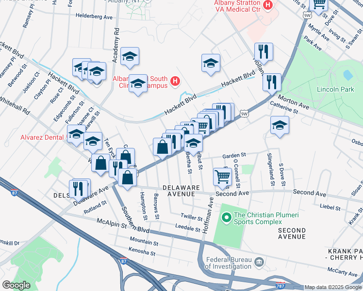 map of restaurants, bars, coffee shops, grocery stores, and more near 342 Delaware Avenue in Albany