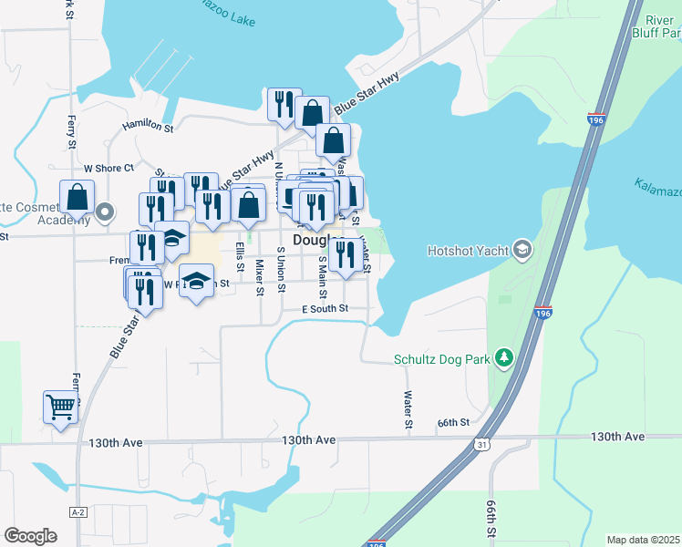 map of restaurants, bars, coffee shops, grocery stores, and more near 88 Water Street in Douglas