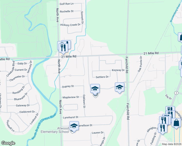 map of restaurants, bars, coffee shops, grocery stores, and more near 46610 Vineyards Lane in Macomb