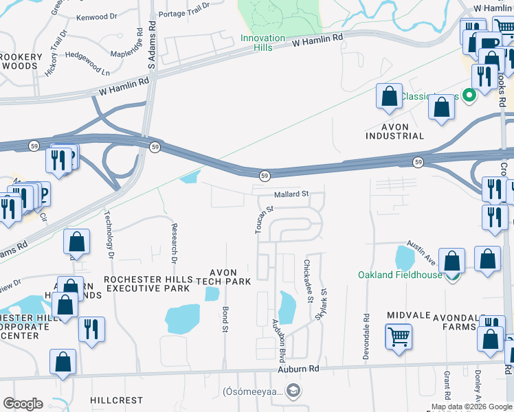 map of restaurants, bars, coffee shops, grocery stores, and more near Toucan Street in Rochester Hills