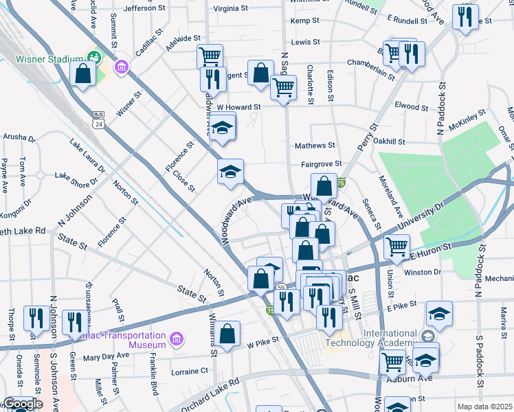 map of restaurants, bars, coffee shops, grocery stores, and more near 85 Oakland Avenue in Pontiac