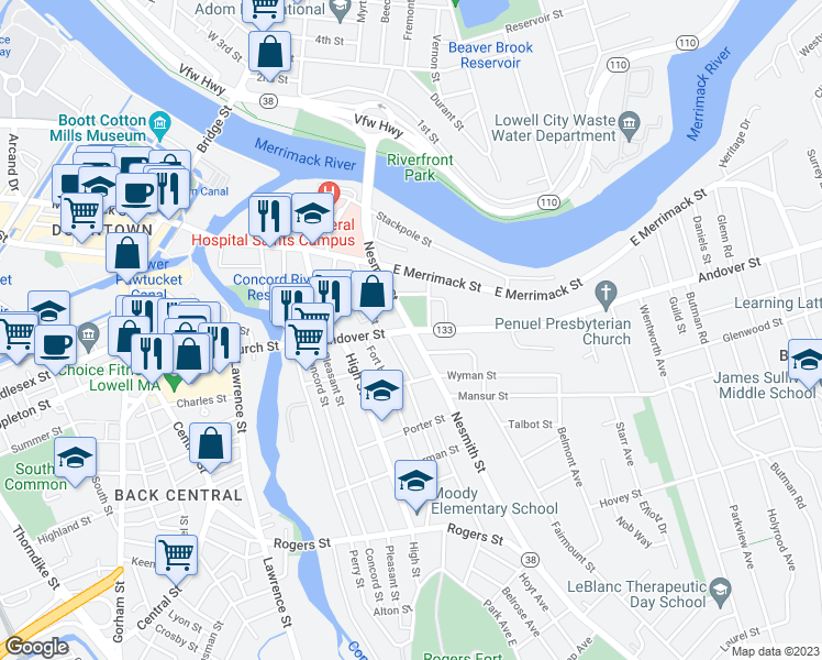 map of restaurants, bars, coffee shops, grocery stores, and more near 82 Nesmith Street in Lowell