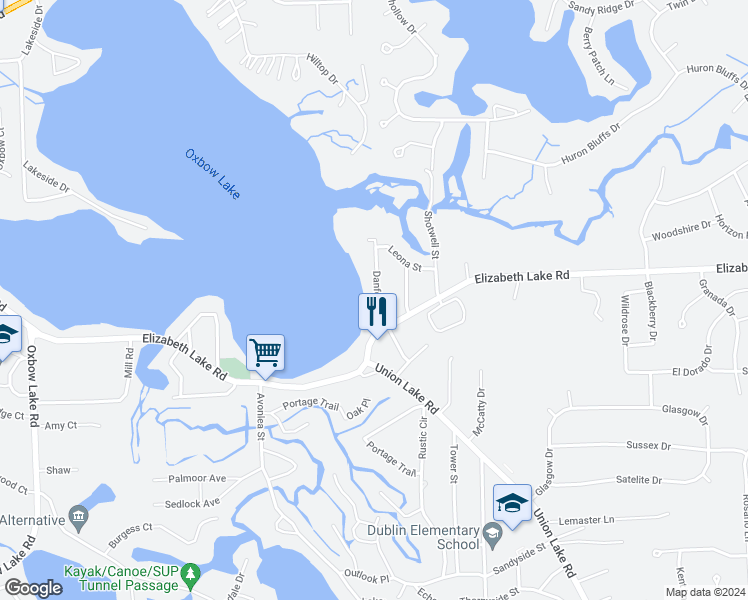 map of restaurants, bars, coffee shops, grocery stores, and more near 45 Danforth Street in White Lake charter Township