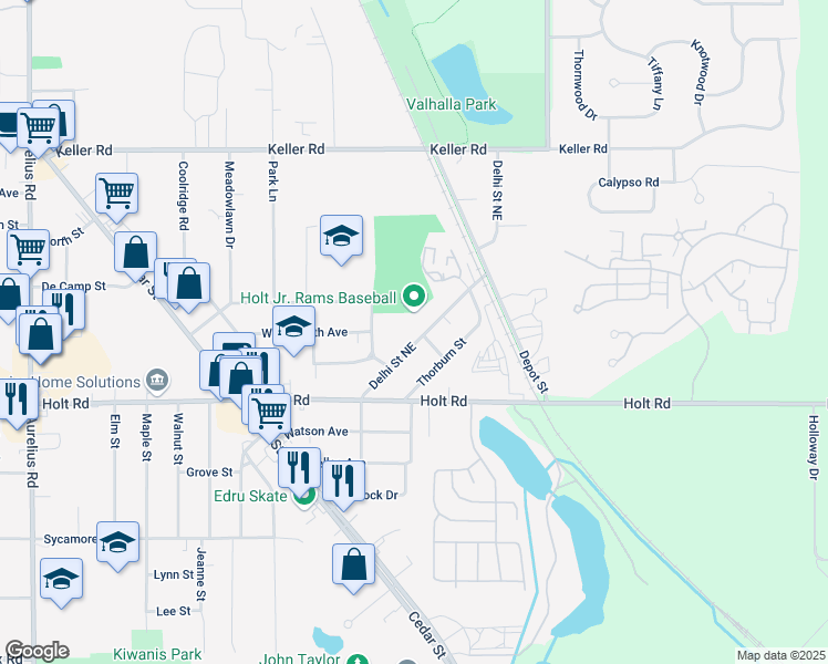 map of restaurants, bars, coffee shops, grocery stores, and more near 2069 Delhi Street Northeast in Delhi charter Township