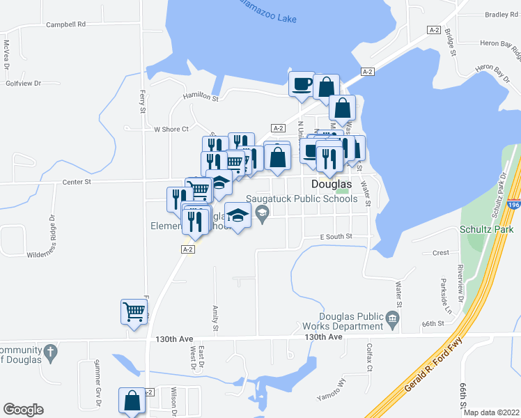map of restaurants, bars, coffee shops, grocery stores, and more near 210 West Randolph Street in Douglas