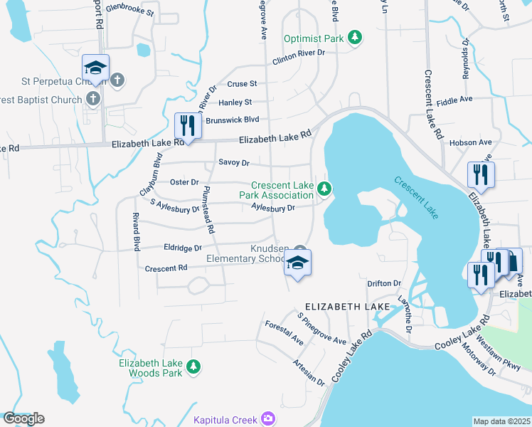 map of restaurants, bars, coffee shops, grocery stores, and more near 5505 Aylesbury Drive in Waterford Township