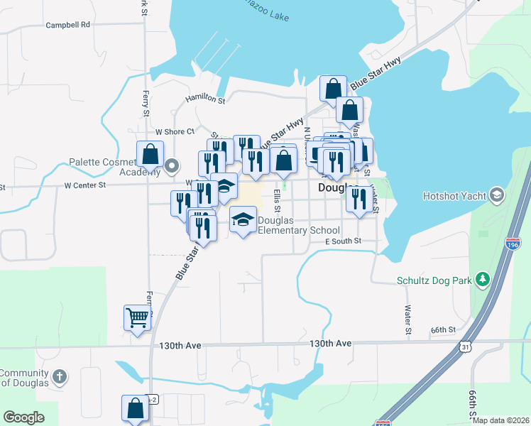 map of restaurants, bars, coffee shops, grocery stores, and more near 210 West Randolph Street in Douglas
