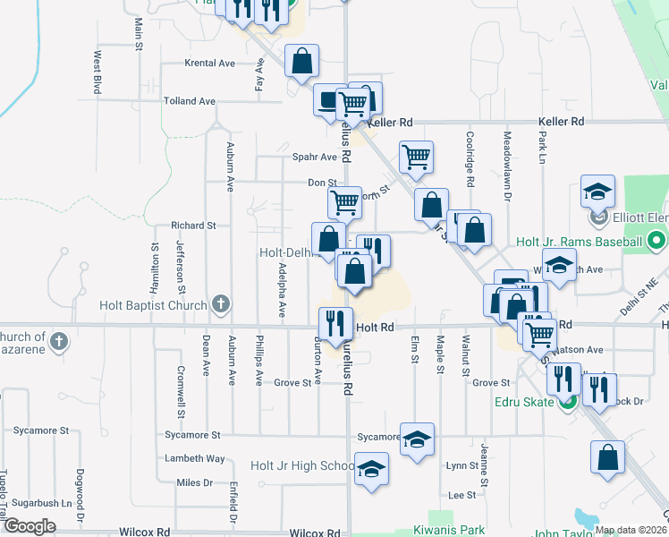 map of restaurants, bars, coffee shops, grocery stores, and more near 2073 Aurelius Road in Delhi Charter Township
