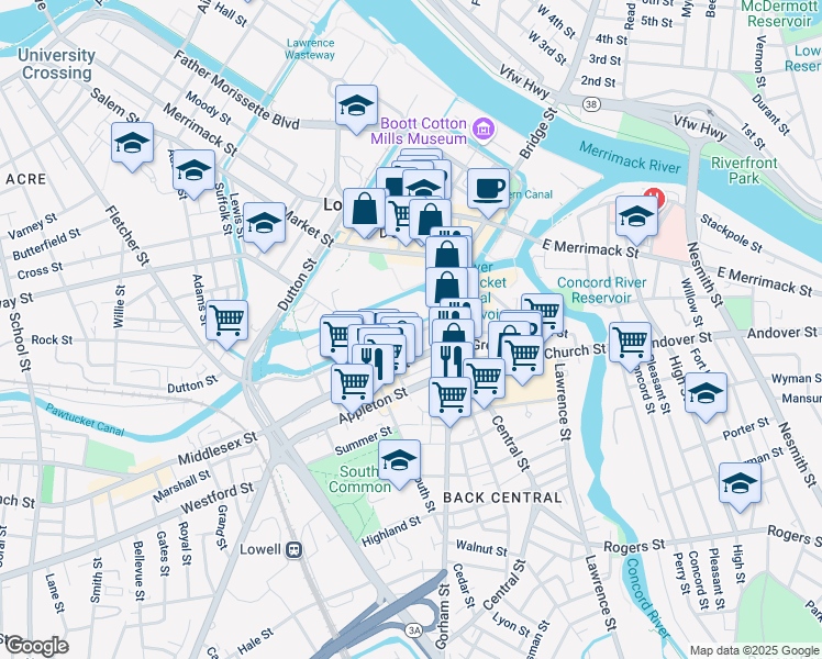 map of restaurants, bars, coffee shops, grocery stores, and more near 82 Jackson Street in Lowell