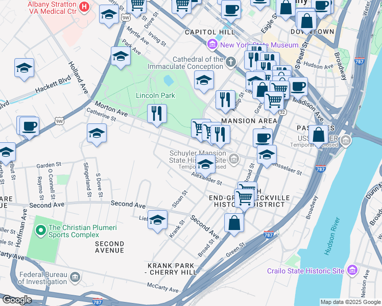 map of restaurants, bars, coffee shops, grocery stores, and more near 31 Osborne Street in Albany