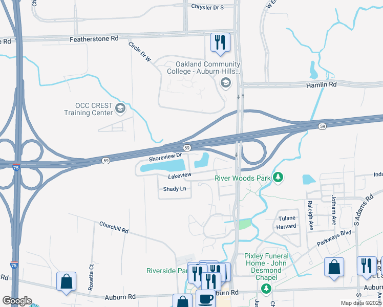 map of restaurants, bars, coffee shops, grocery stores, and more near 280 Shoreview Drive in Auburn Hills