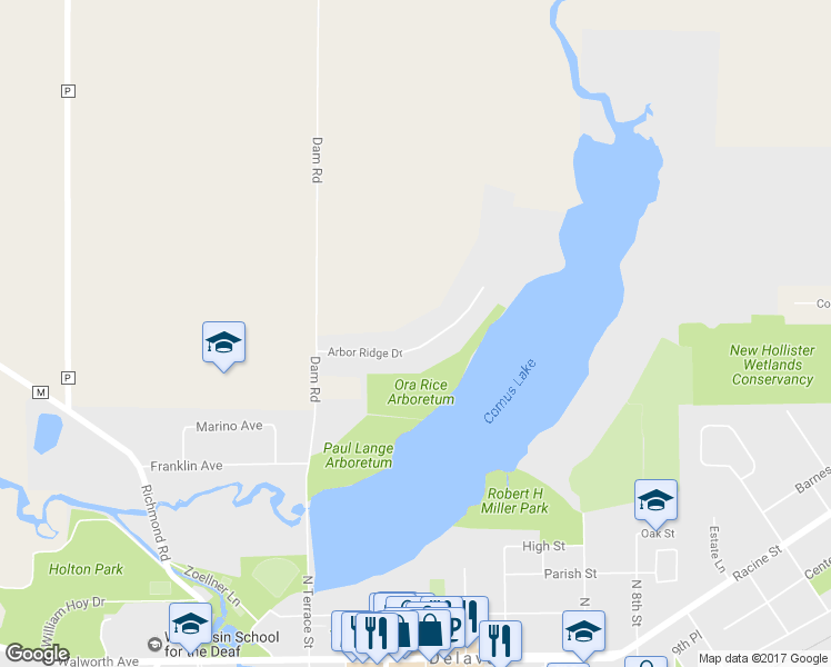 map of restaurants, bars, coffee shops, grocery stores, and more near 311 Arbor Ridge Drive in Delavan