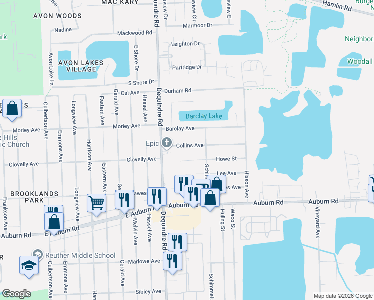 map of restaurants, bars, coffee shops, grocery stores, and more near 2165 Howe Street in Macomb County