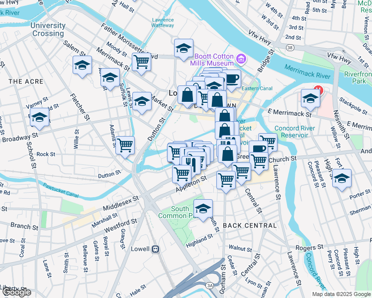 map of restaurants, bars, coffee shops, grocery stores, and more near 201 Canal Street in Lowell