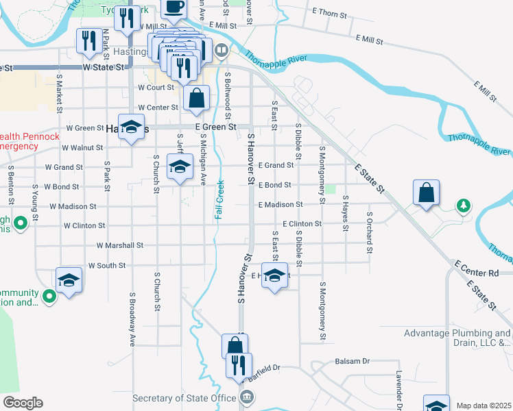 map of restaurants, bars, coffee shops, grocery stores, and more near 420 East Madison Street in Hastings